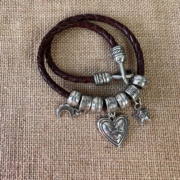 ❤️ BRIGHTON heart moon star charm double wrap Black leather silver tone bracele… - Picture 1 of 5